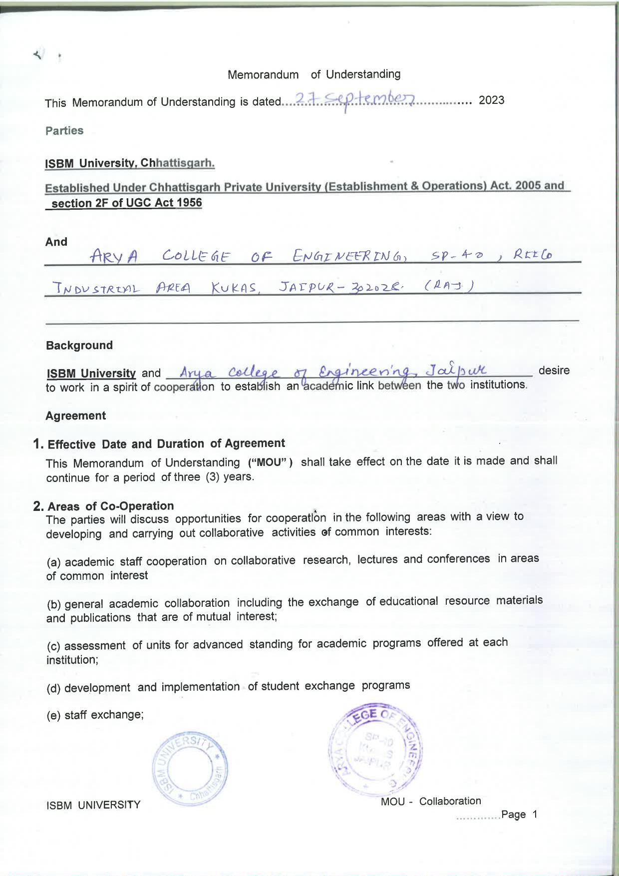 MOUs' and Collaborations with ISBM University