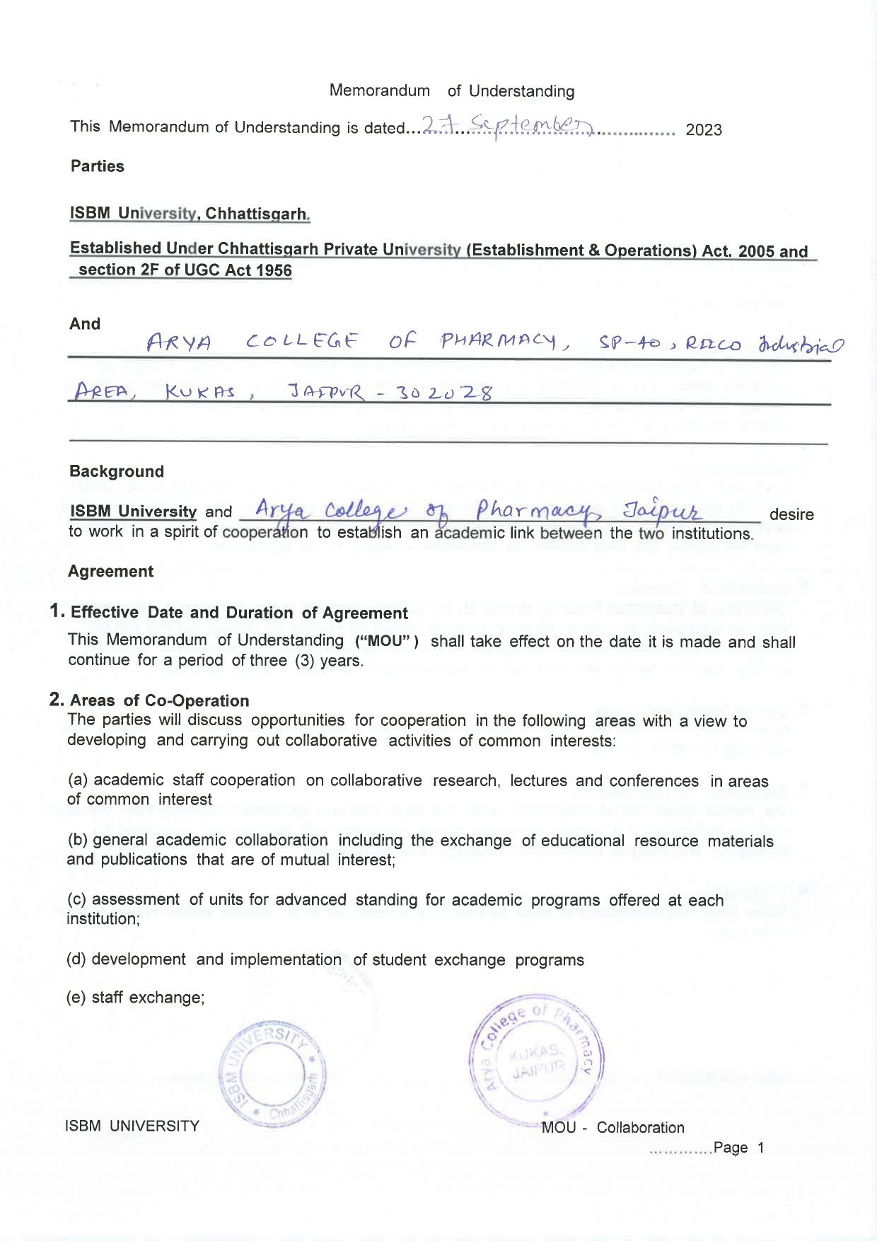 MOUs' and Collaborations with ISBM University