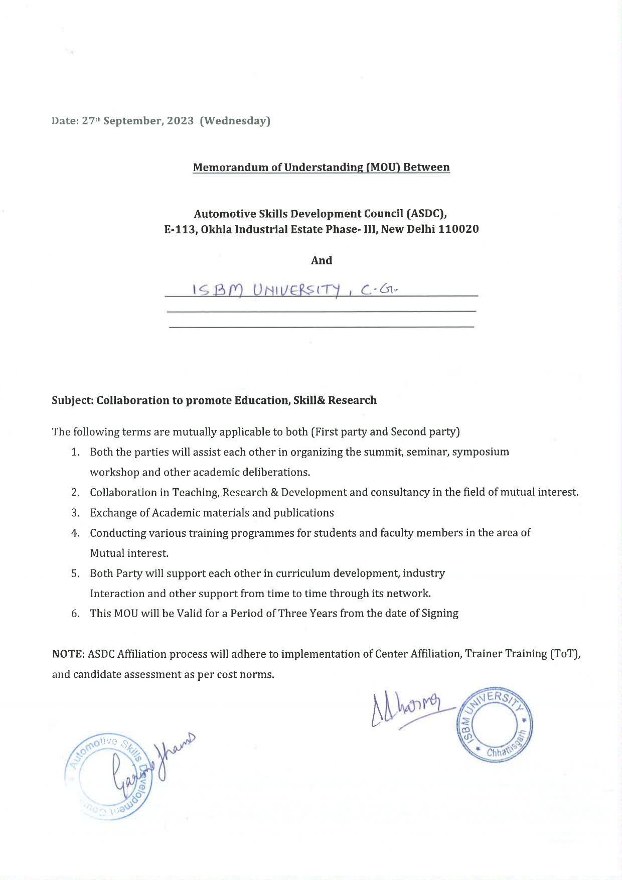 MOUs' and Collaborations with ISBM University