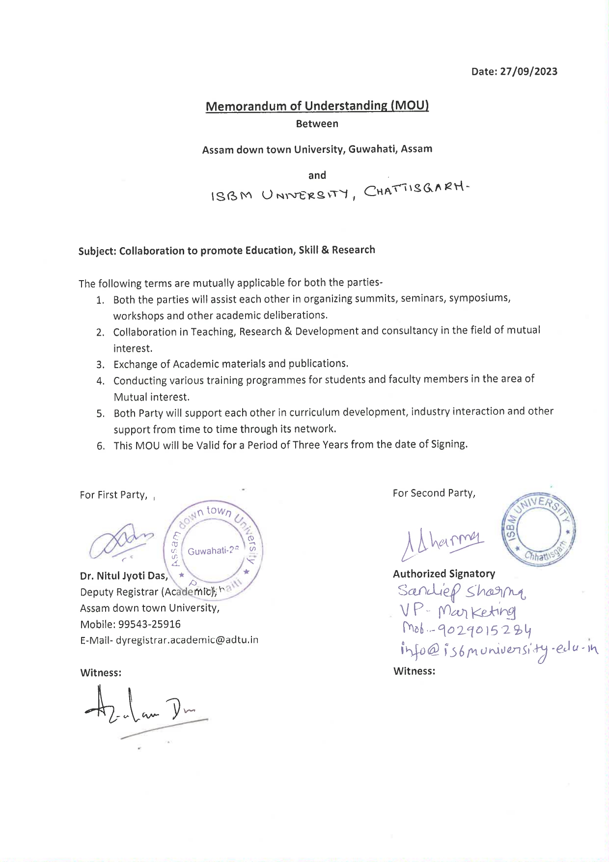 MOUs' and Collaborations with ISBM University