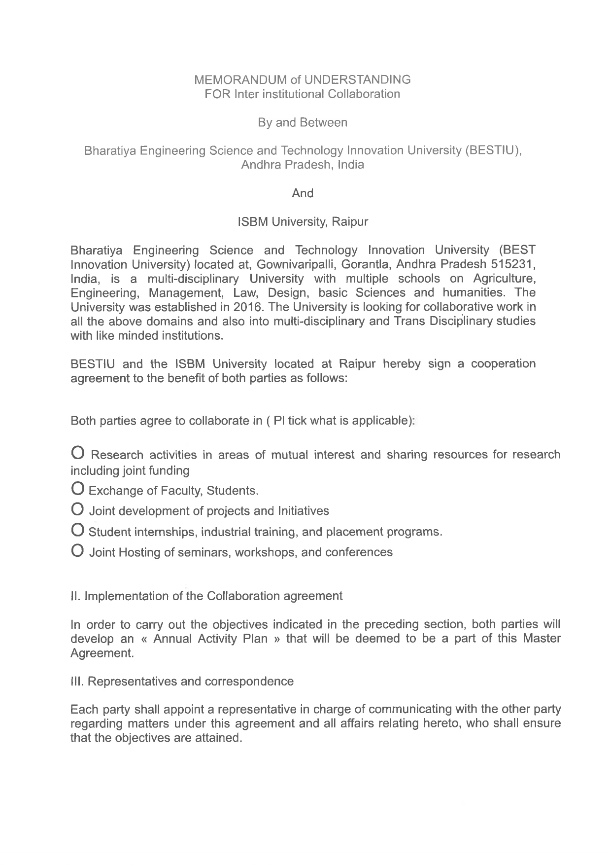MOUs' and Collaborations with ISBM University