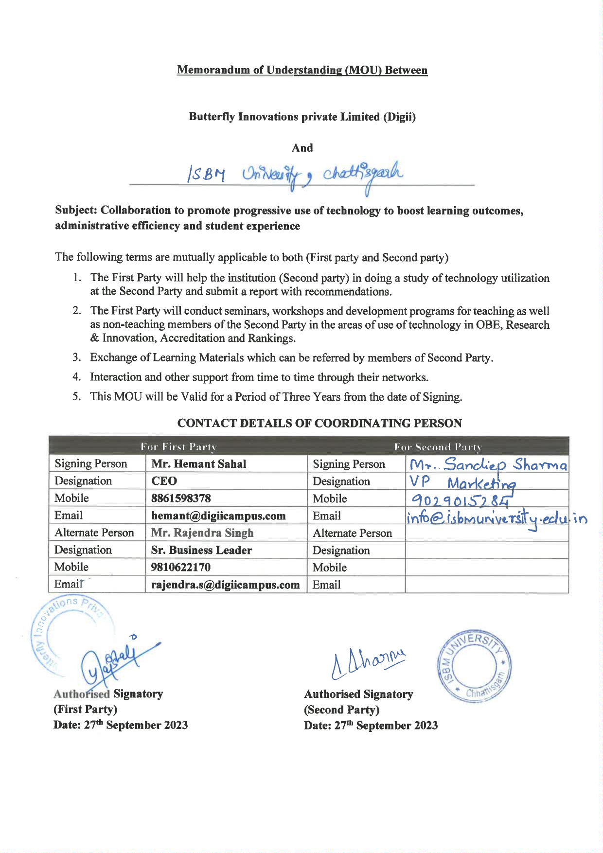 MOUs' and Collaborations with ISBM University