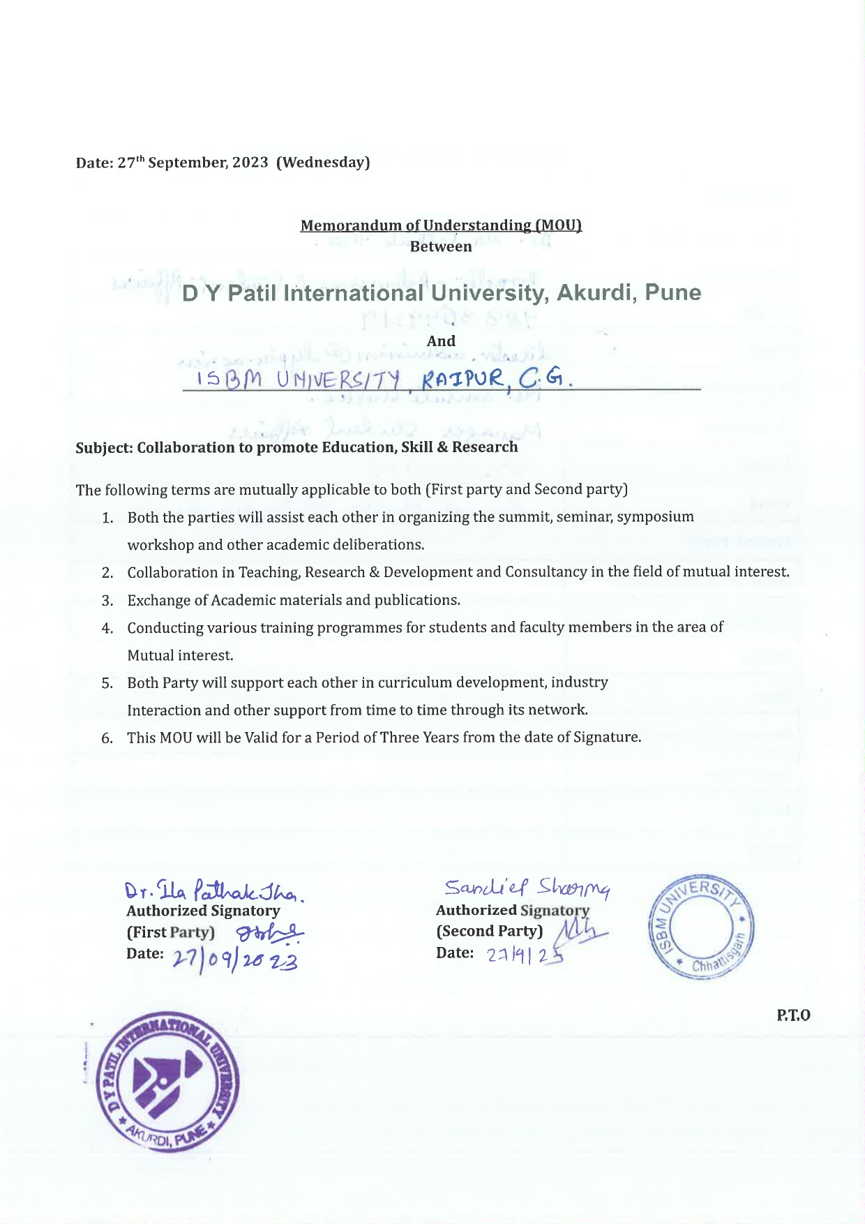 MOUs' and Collaborations with ISBM University