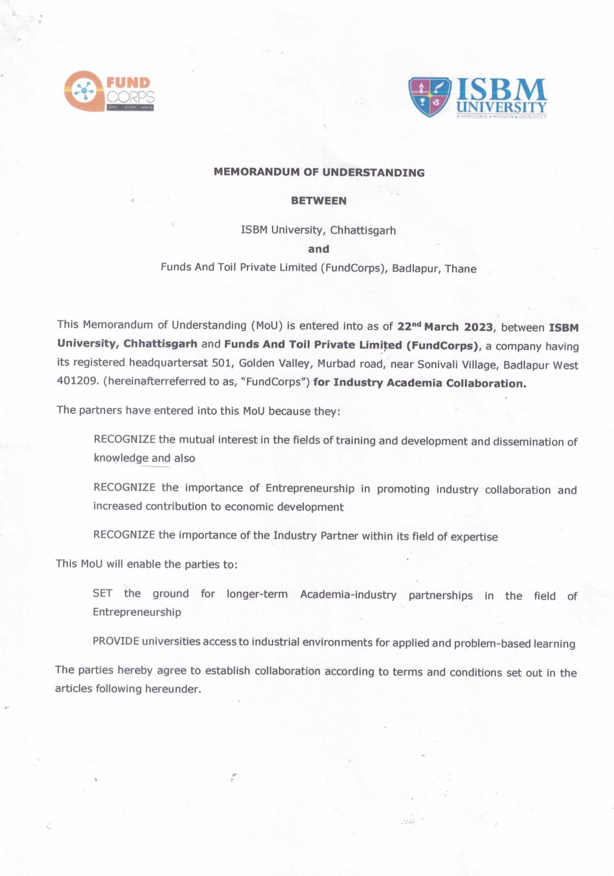 MOUs' and Collaborations with ISBM University