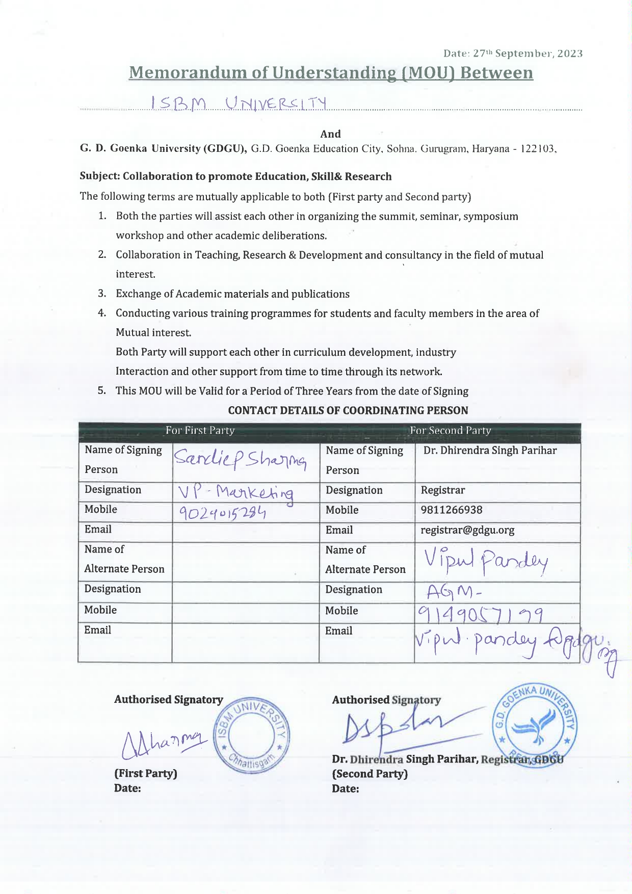 MOUs' and Collaborations with ISBM University