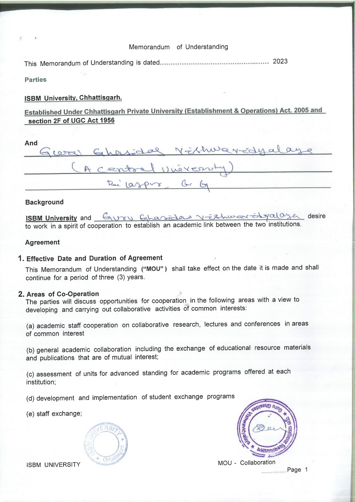 MOUs' and Collaborations with ISBM University