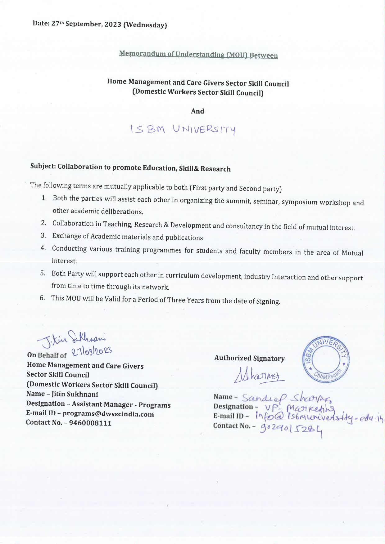 MOUs' and Collaborations with ISBM University