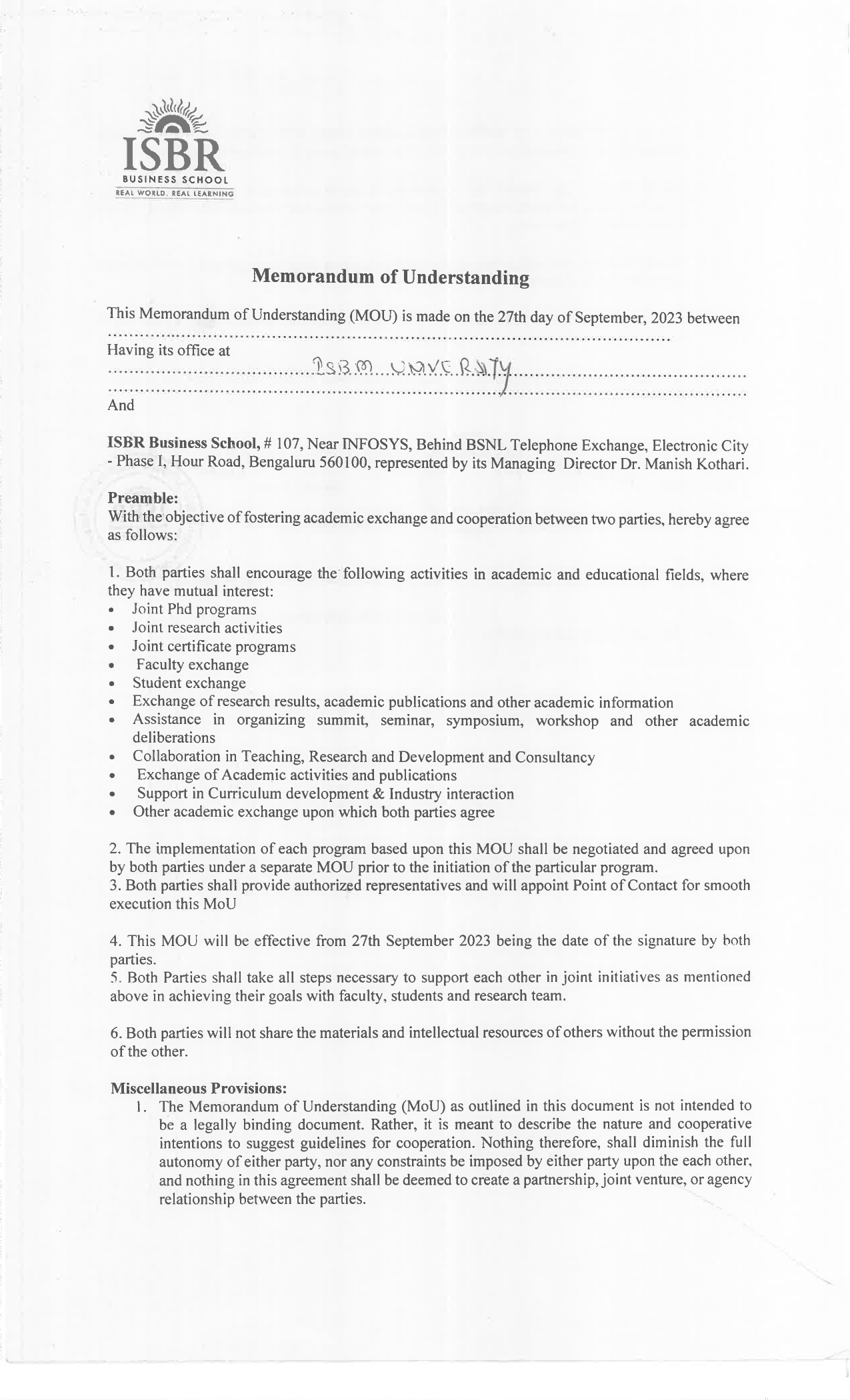 MOUs' and Collaborations with ISBM University