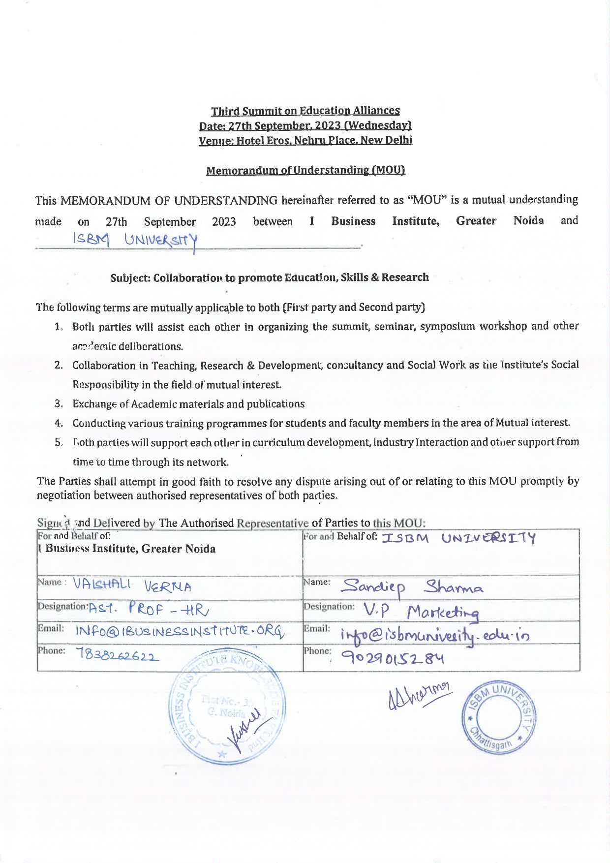 MOUs' and Collaborations with ISBM University
