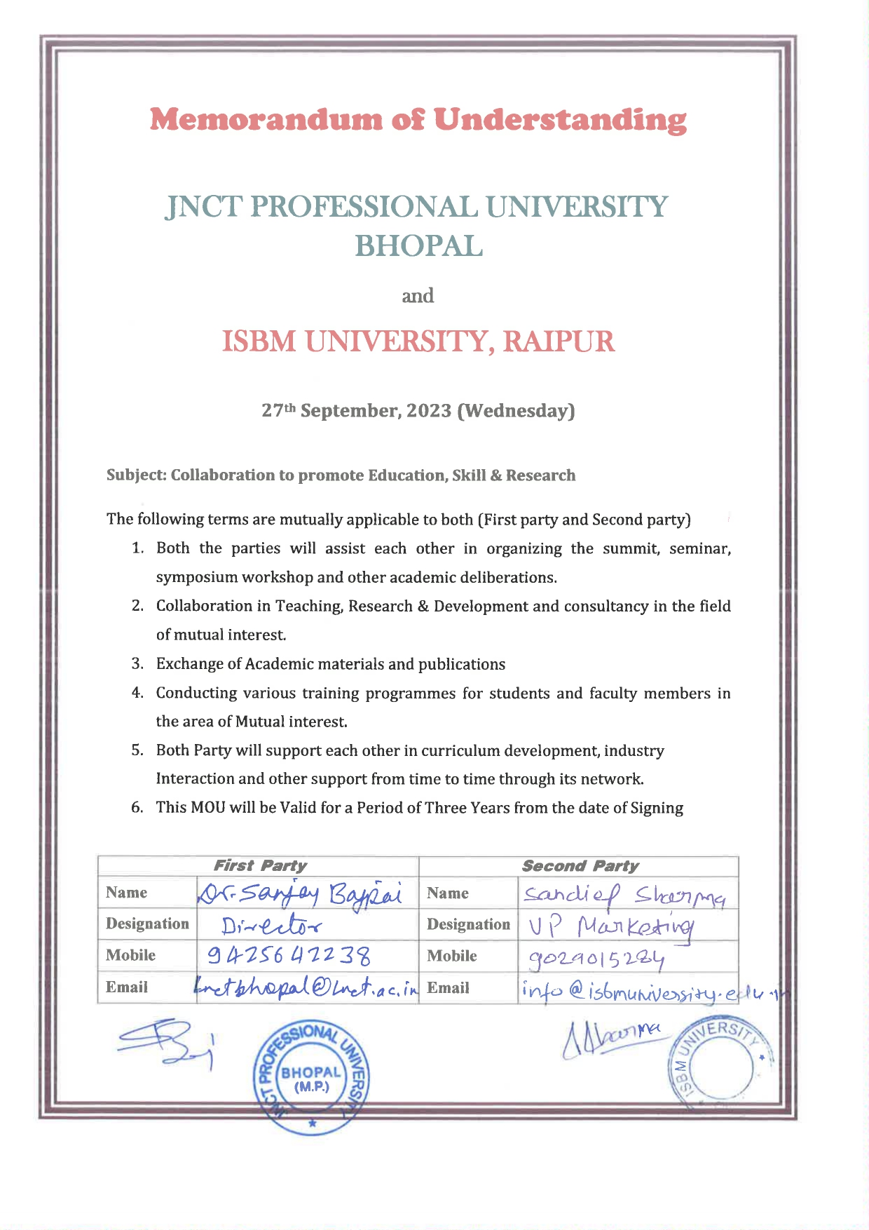 MOUs' and Collaborations with ISBM University