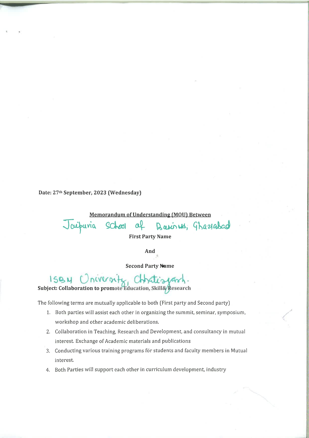 MOUs' and Collaborations with ISBM University