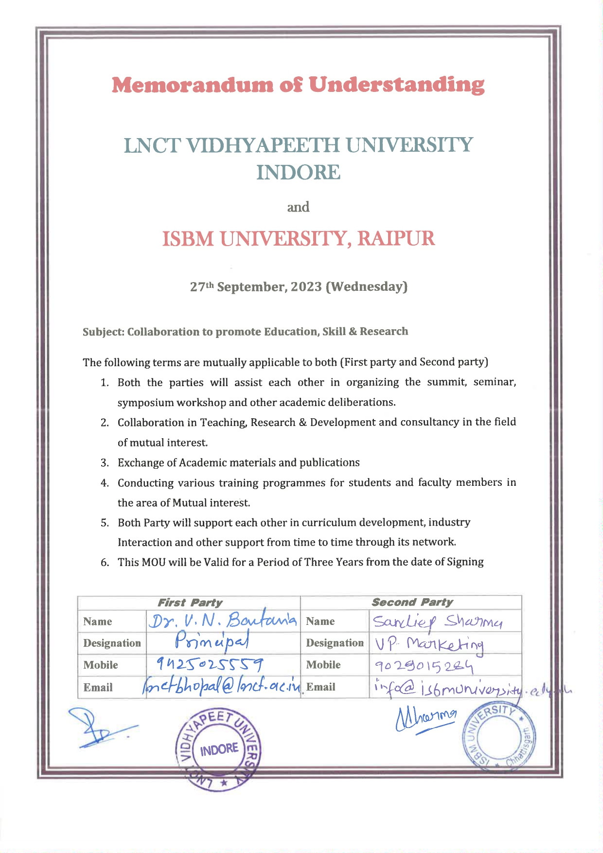 MOUs' and Collaborations with ISBM University