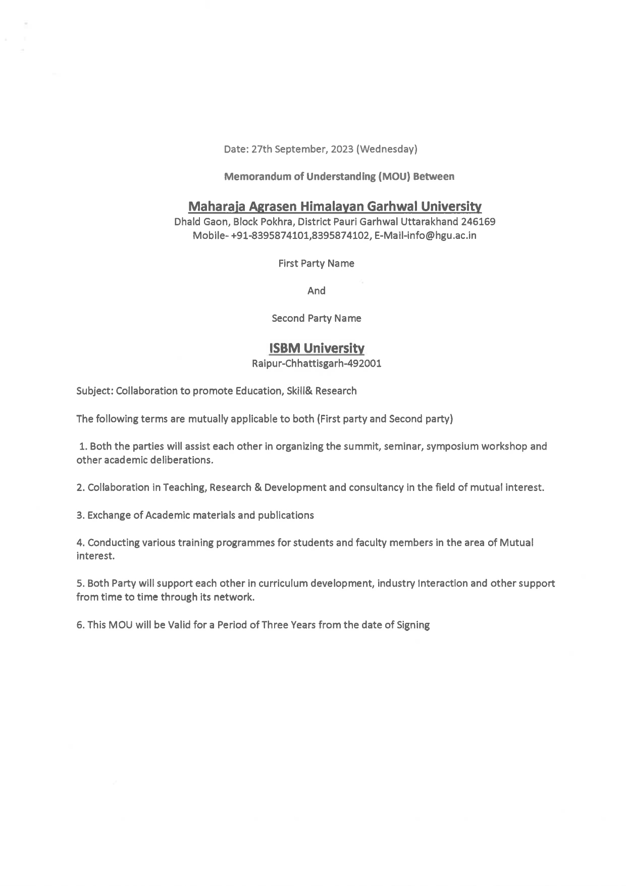 MOUs' and Collaborations with ISBM University