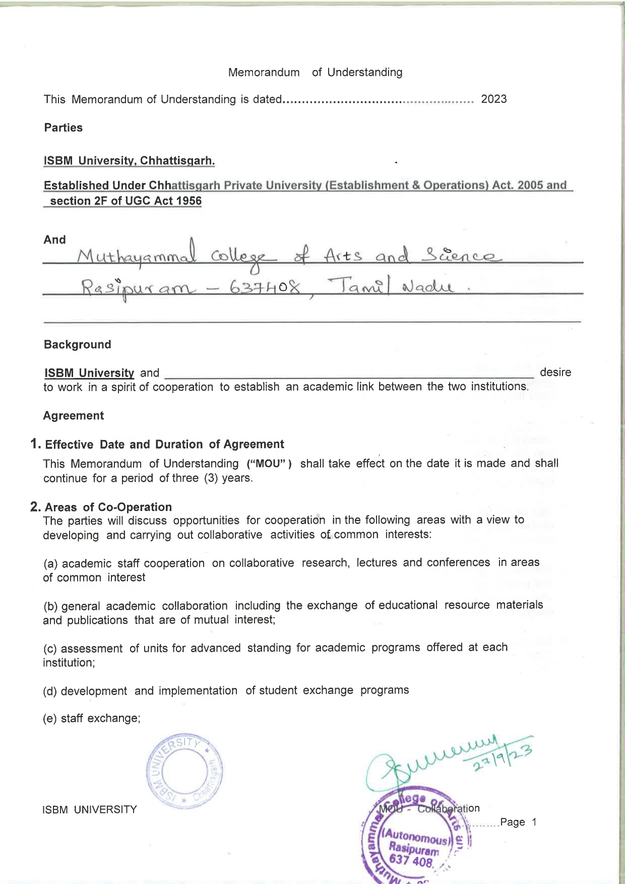 MOUs' and Collaborations with ISBM University