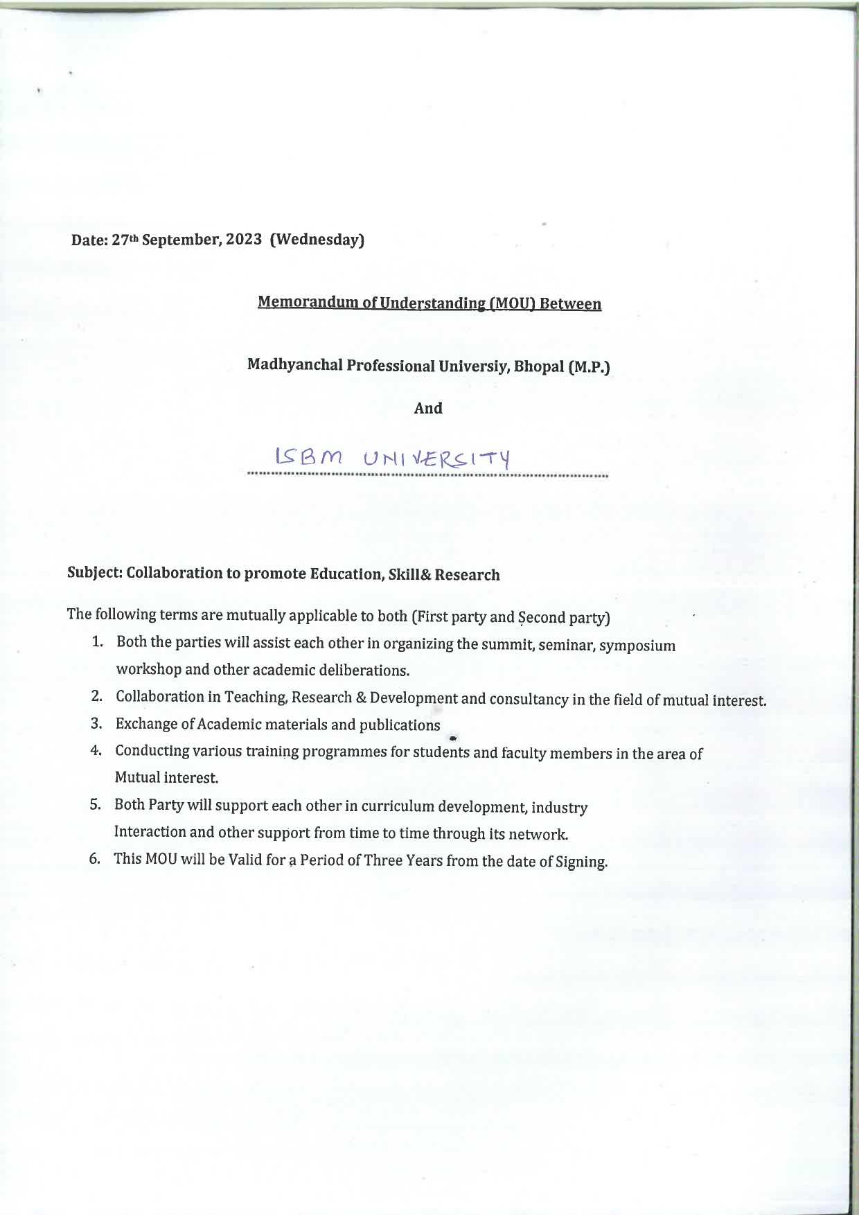 MOUs' and Collaborations with ISBM University