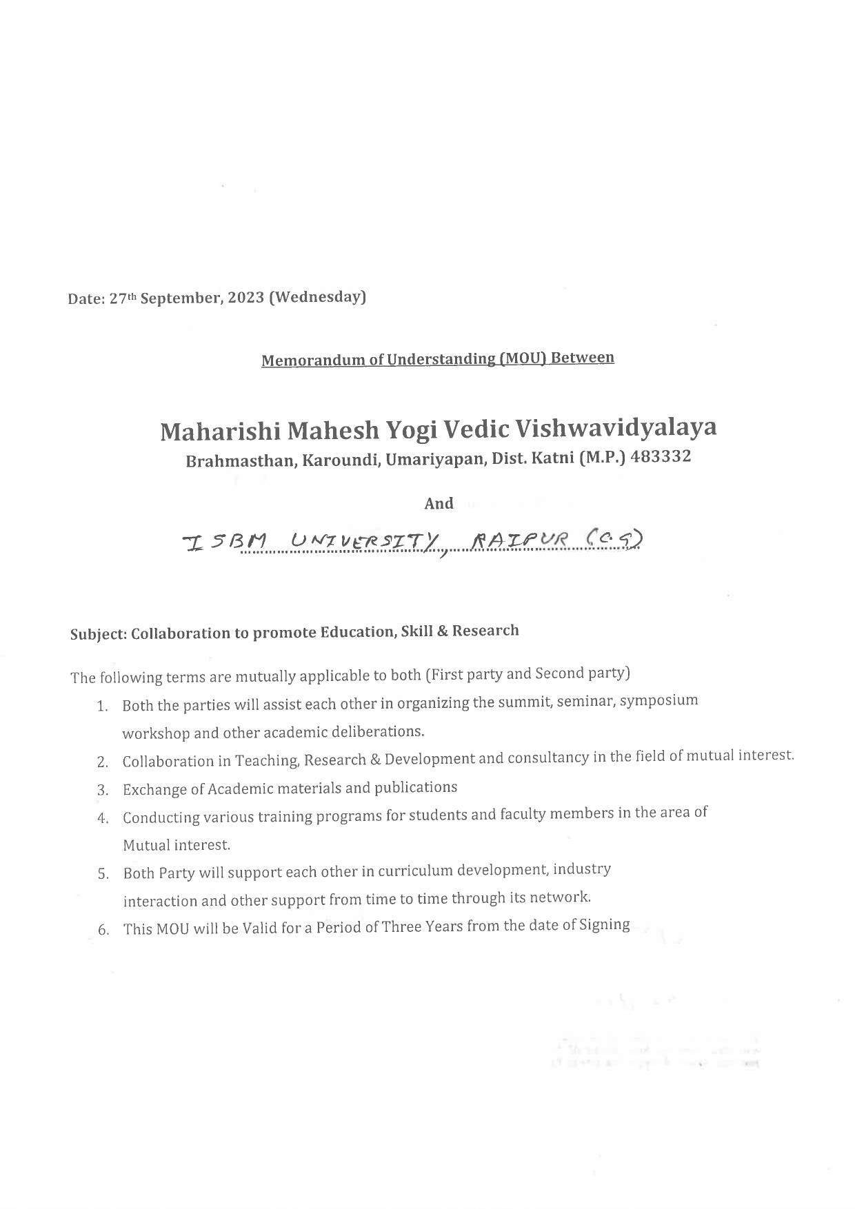 MOUs' and Collaborations with ISBM University