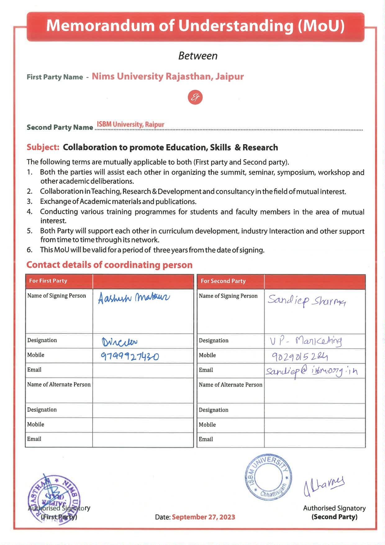 MOUs' and Collaborations with ISBM University