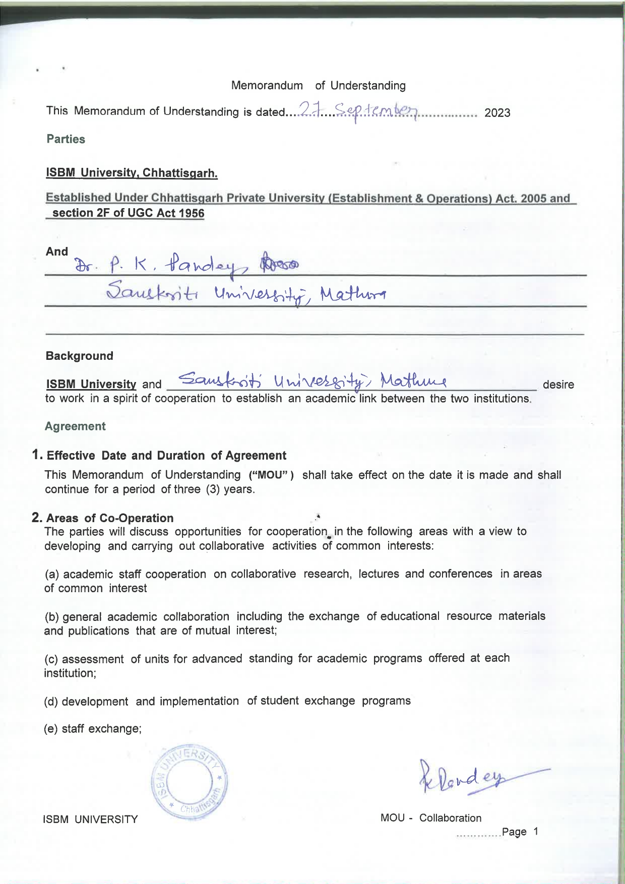 MOUs' and Collaborations with ISBM University