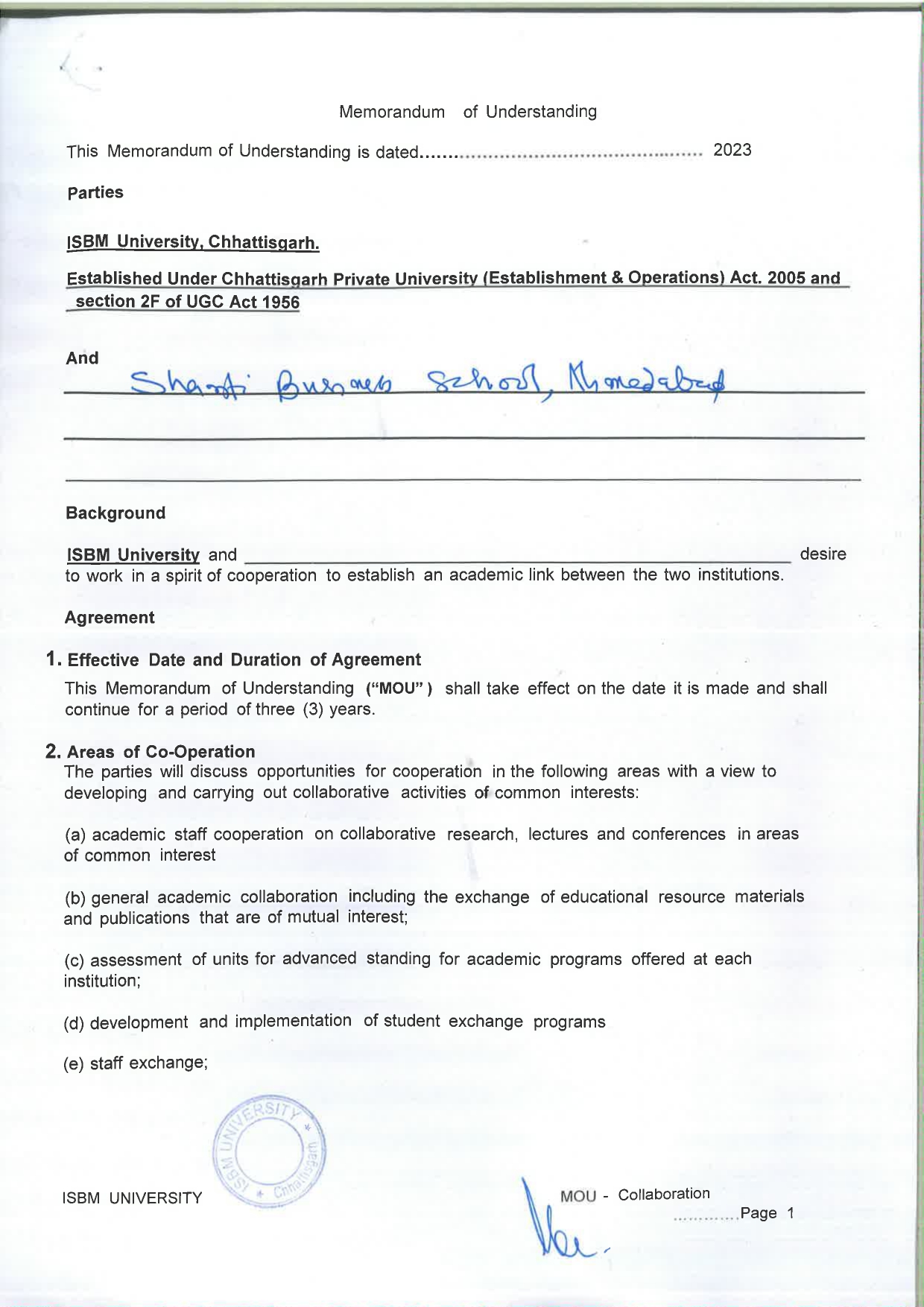 MOUs' and Collaborations with ISBM University