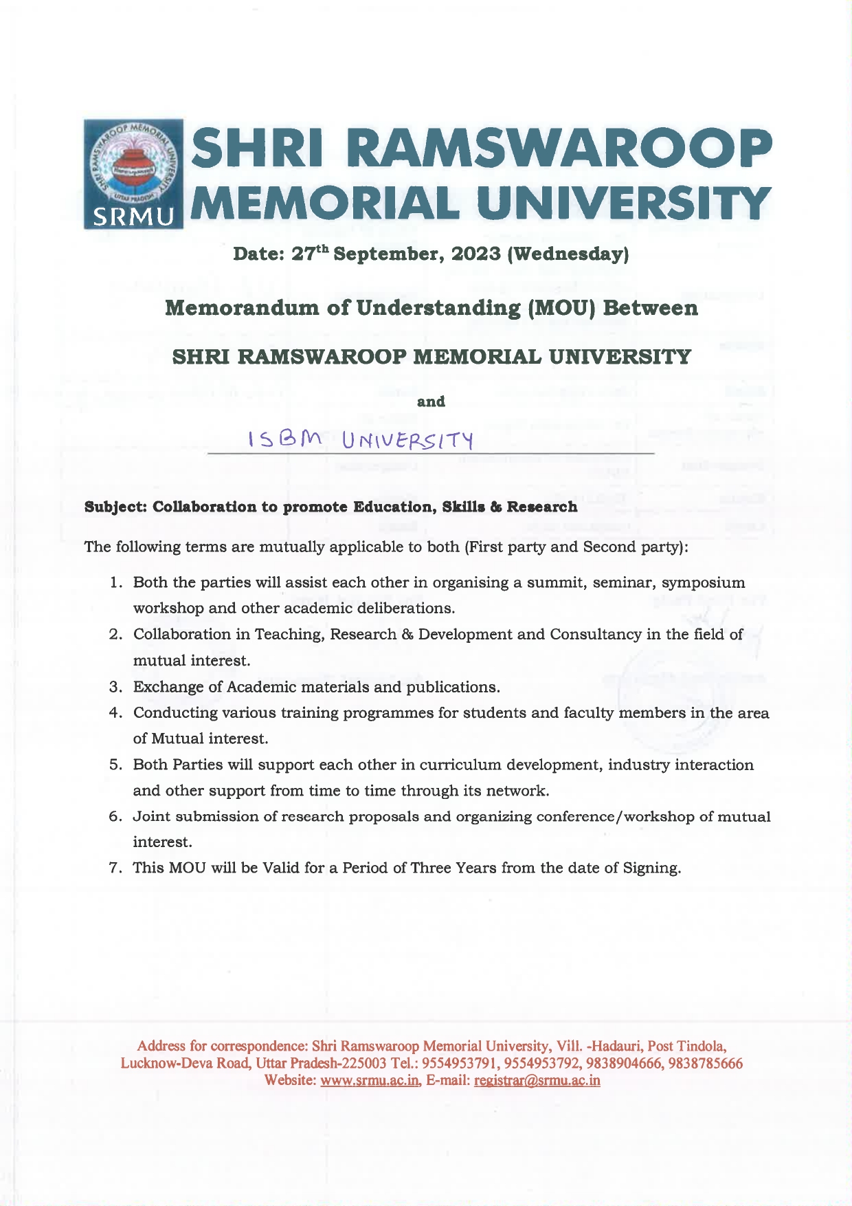 MOUs' and Collaborations with ISBM University