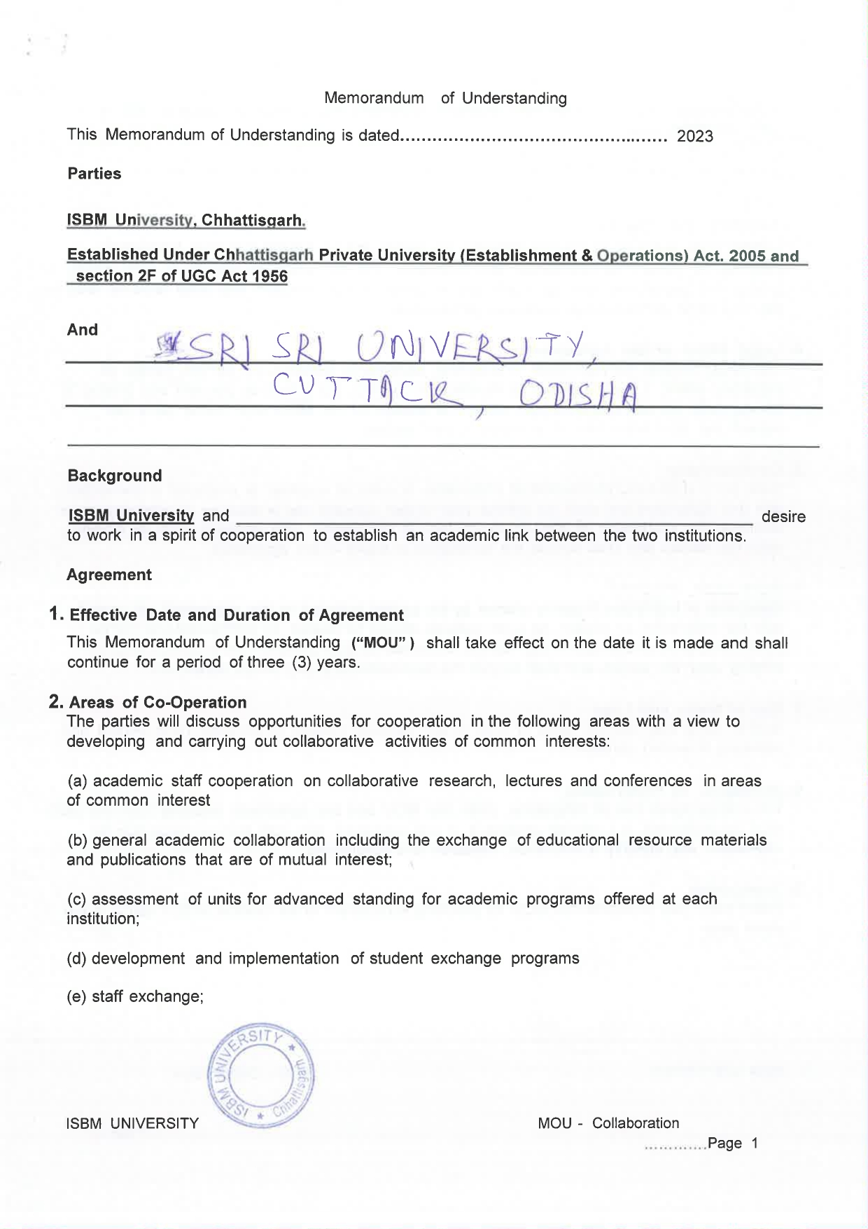 MOUs' and Collaborations with ISBM University