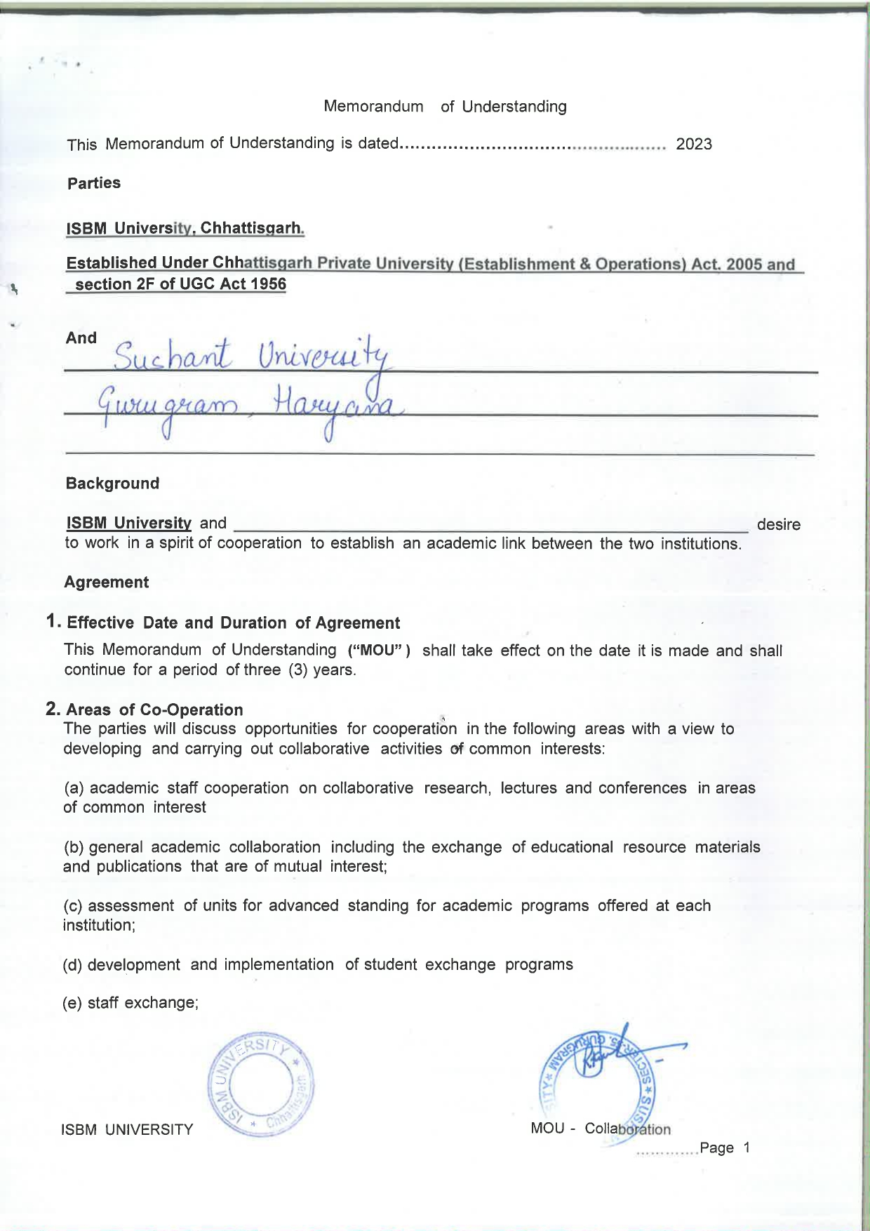 MOUs' and Collaborations with ISBM University