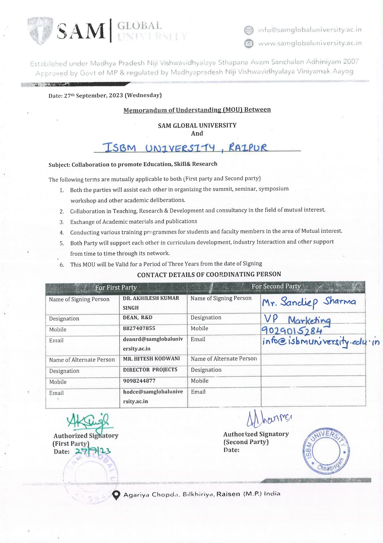 MOUs' and Collaborations with ISBM University