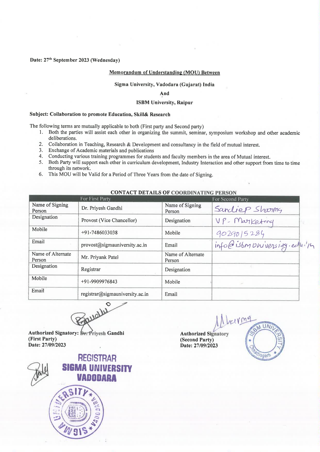 MOUs' and Collaborations with ISBM University