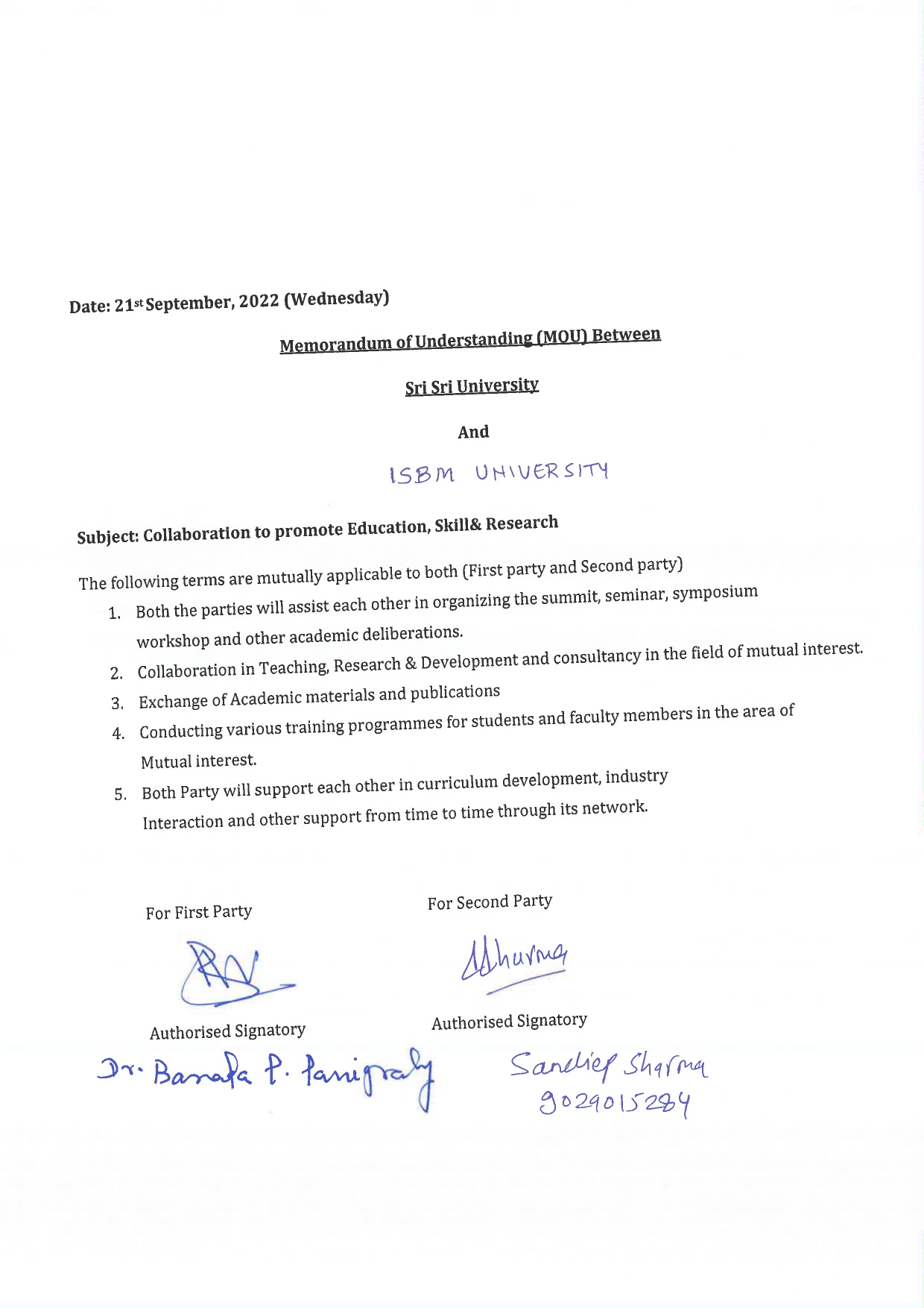MOUs' and Collaborations with ISBM University