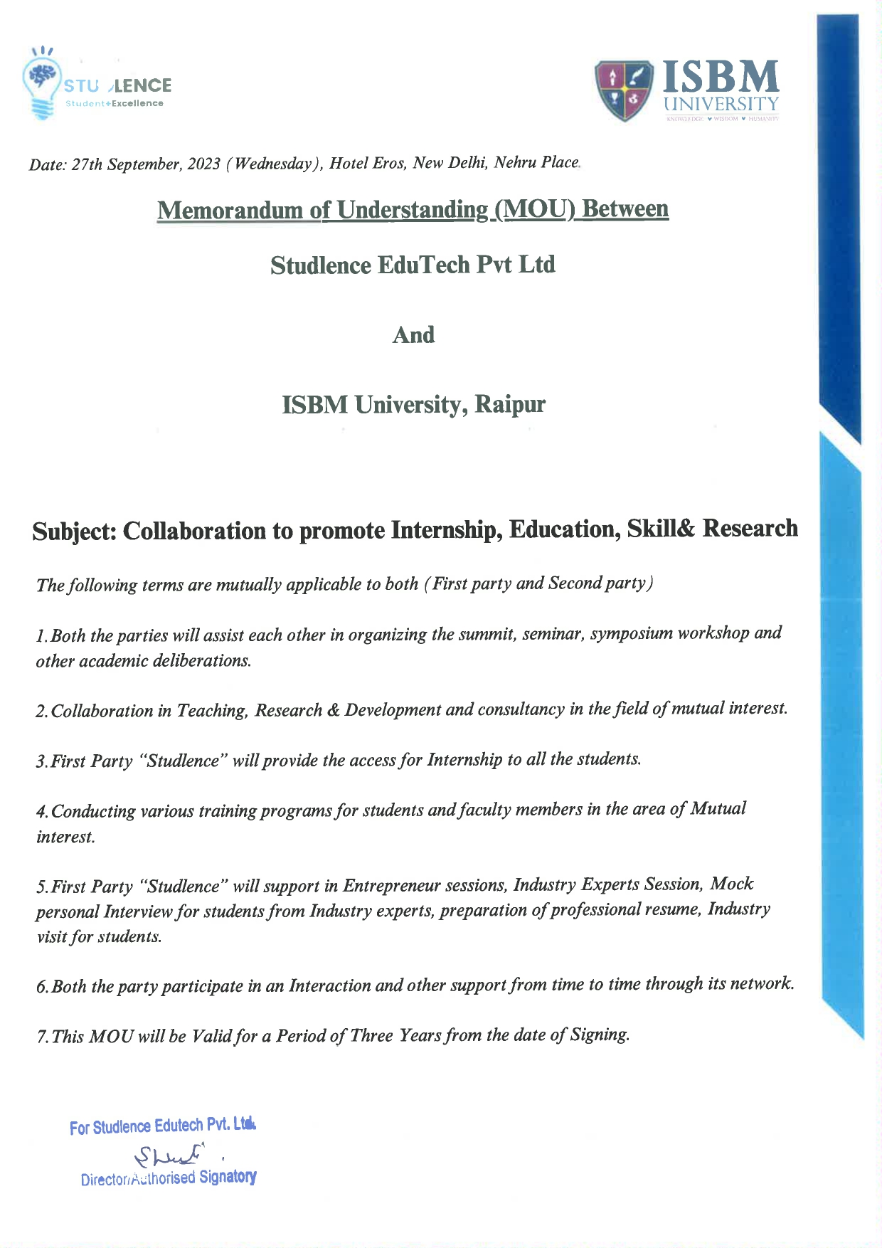MOUs' and Collaborations with ISBM University