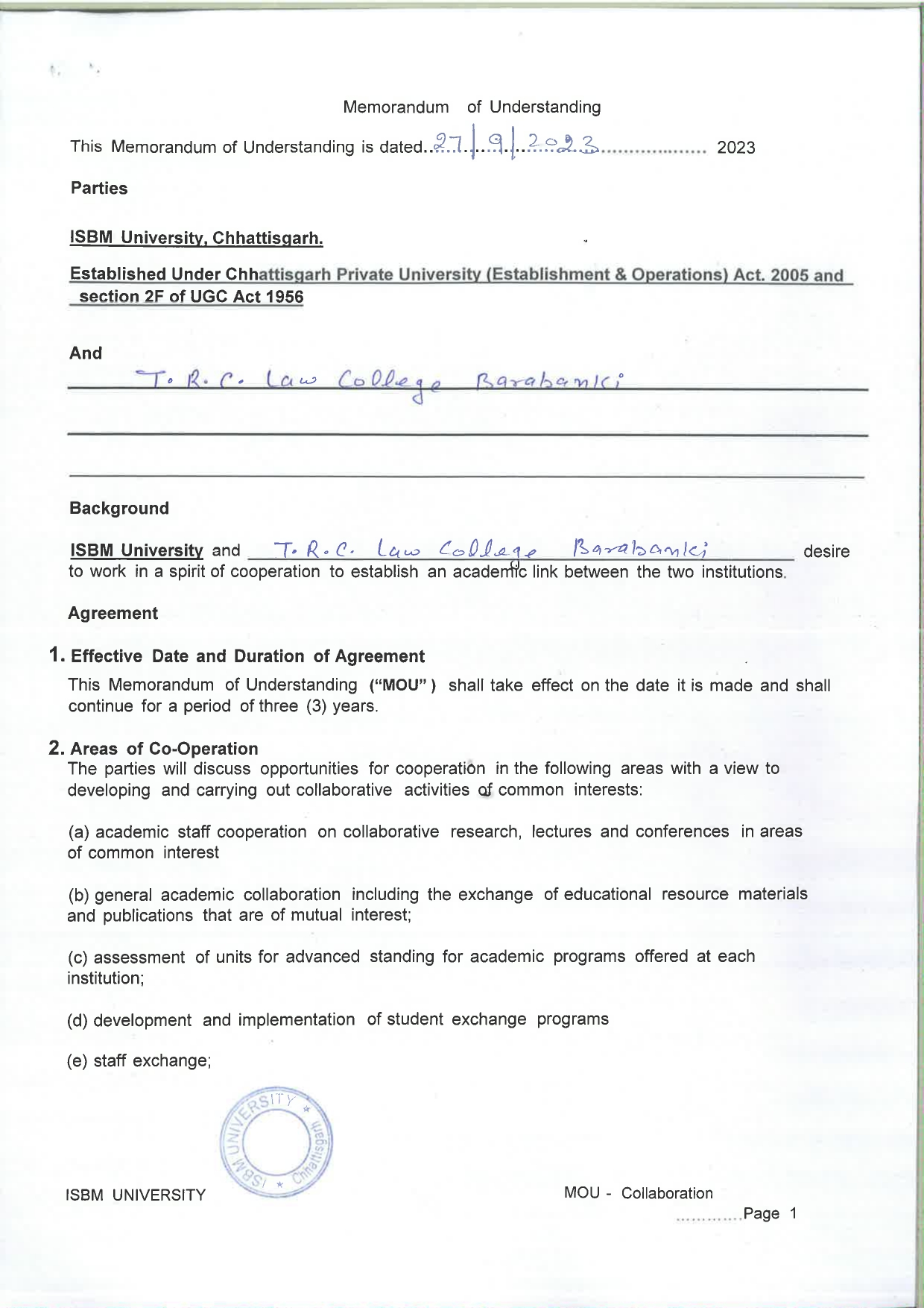 MOUs' and Collaborations with ISBM University