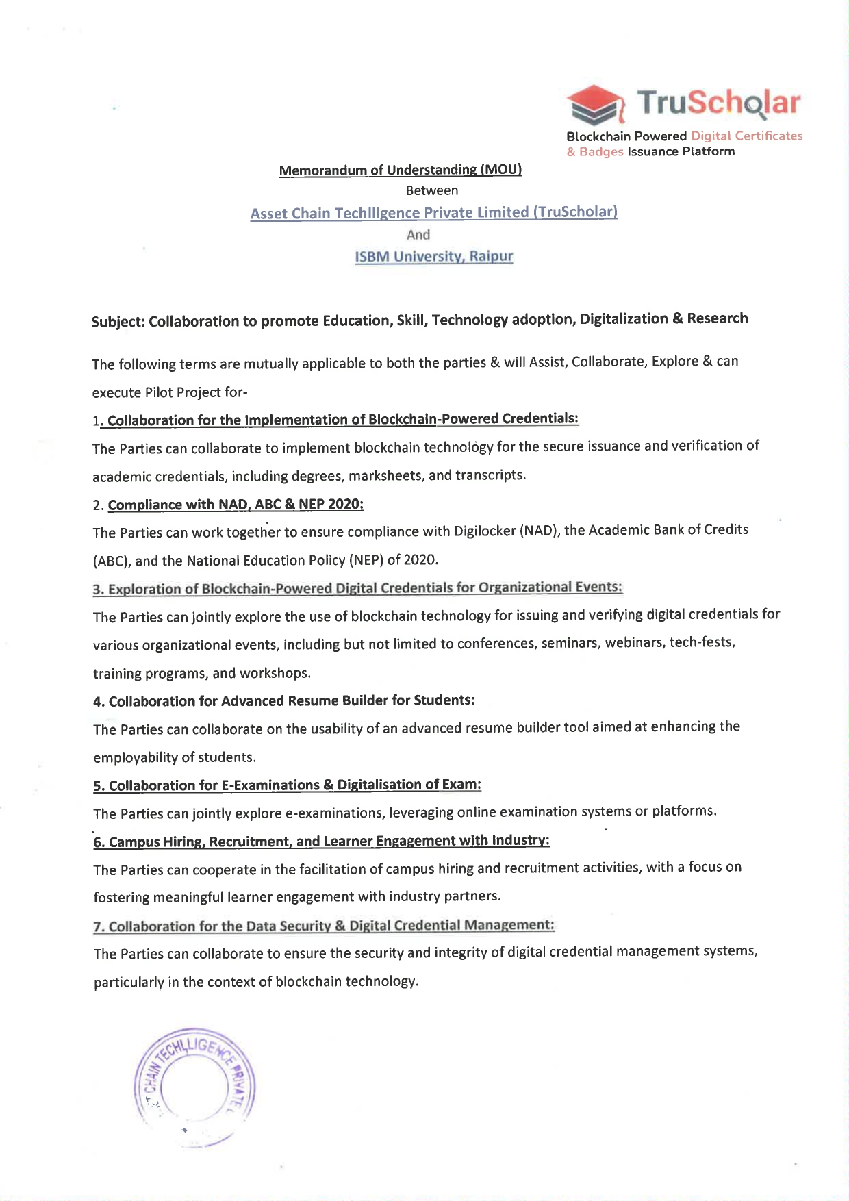 MOUs' and Collaborations with ISBM University