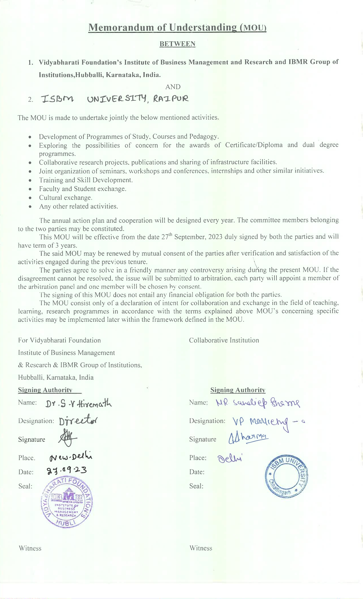 MOUs' and Collaborations with ISBM University