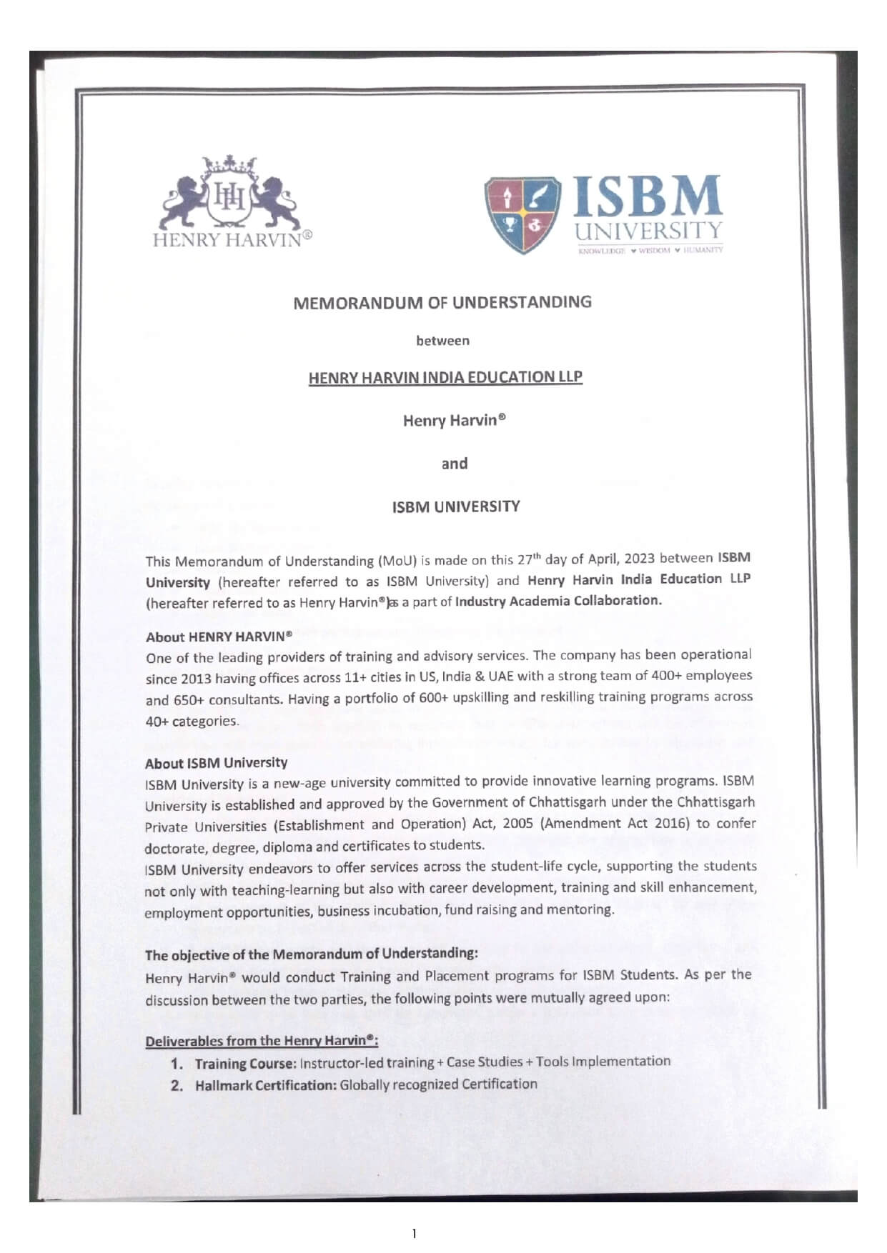 MOUs' and Collaborations with ISBM University
