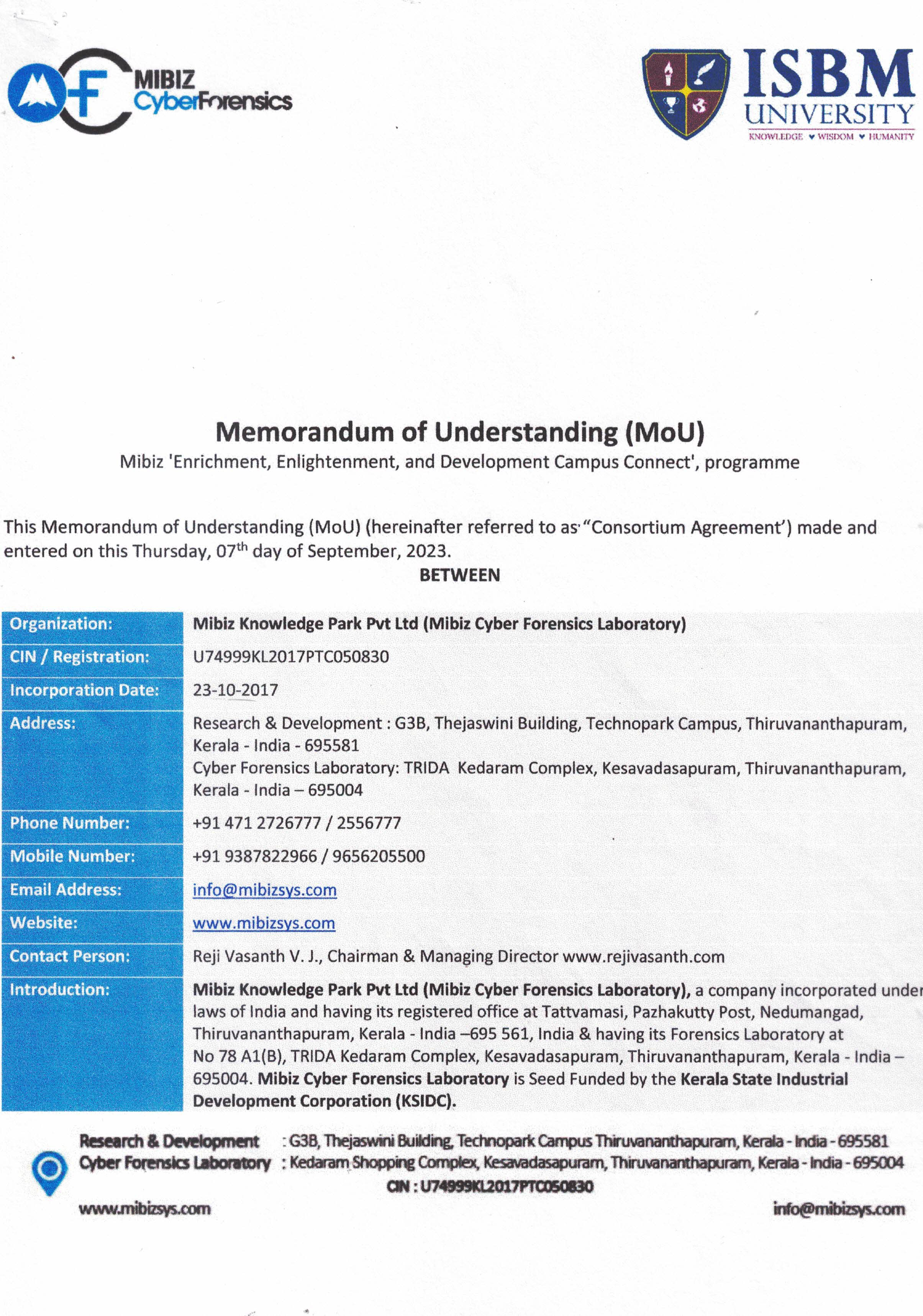 MOUs' and Collaborations with ISBM University