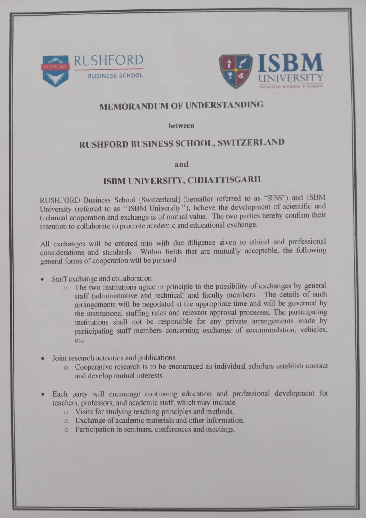 MOUs' and Collaborations with ISBM University